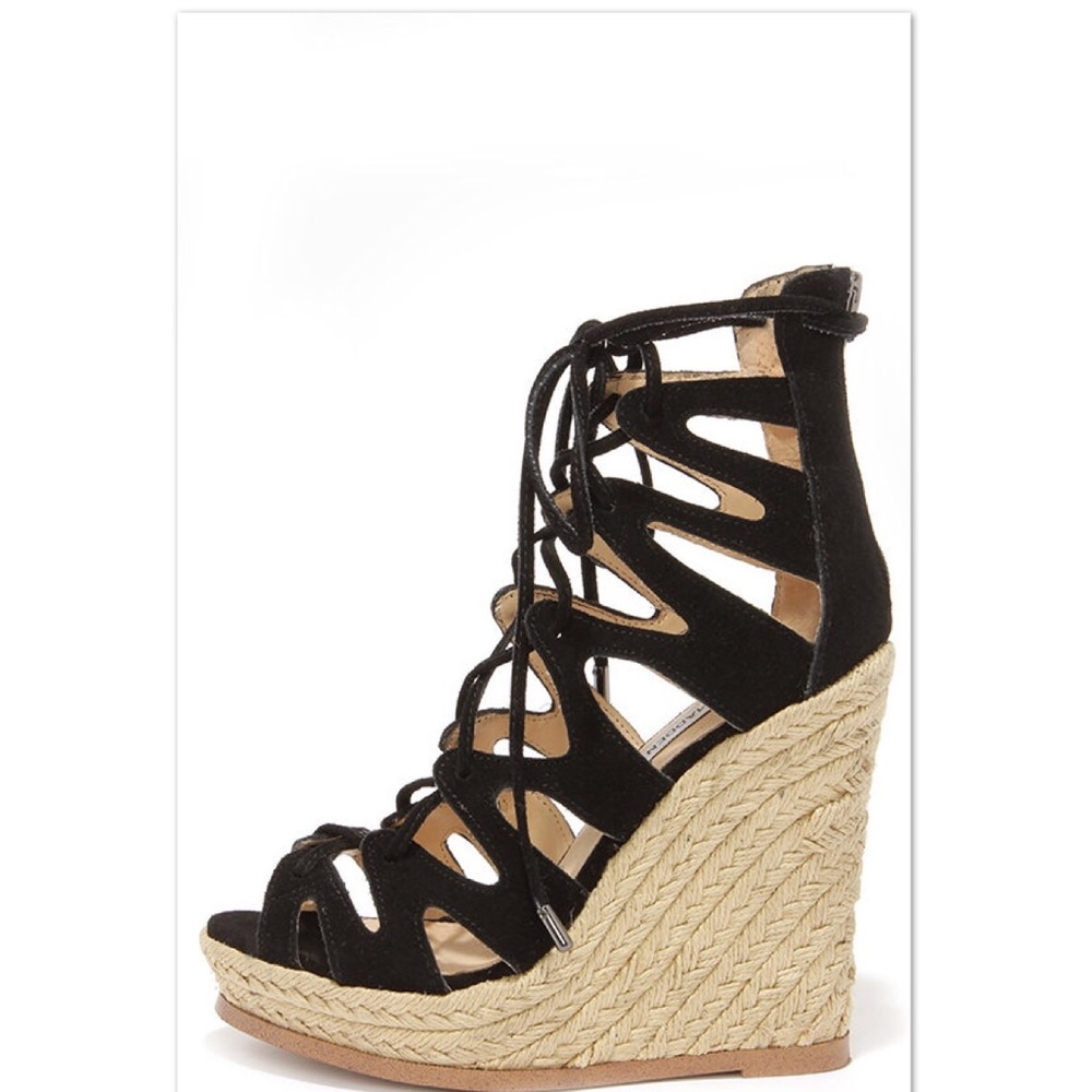 Steve Madden Black Suede Leather Lace up Wedges